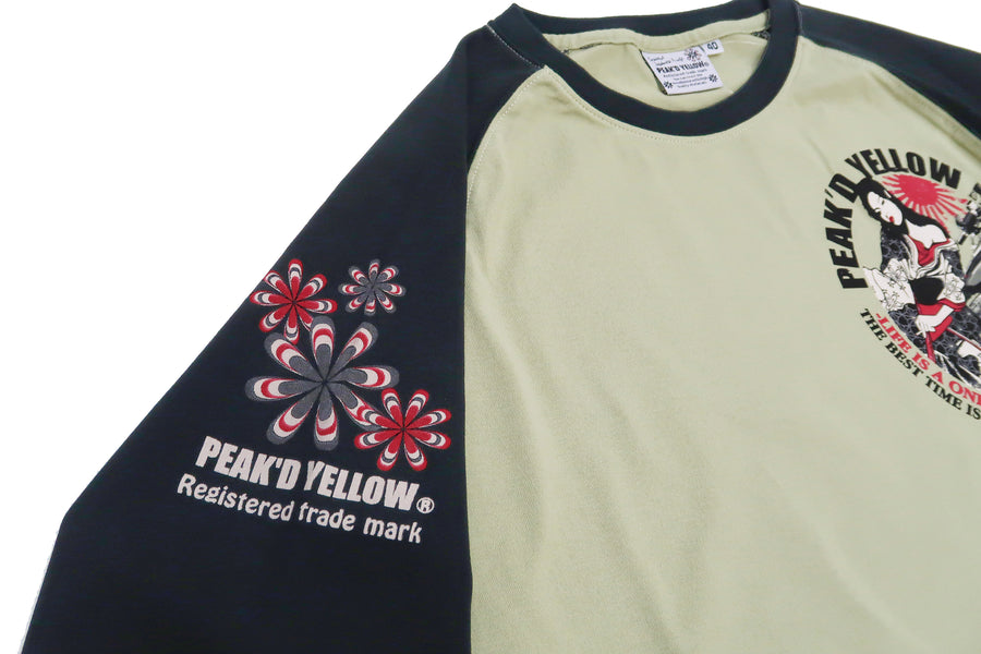 Peaked Yellow T-shirt Men's Japanese Kimono Women Graphic Long Sleeve Tee Efu-Shokai PYLT-234 Peak'd Yellow Beige/Black