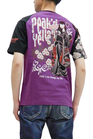 Peaked Yellow T-shirt Men's Japanese Kimono Women Short Sleeve Tee PYT-224 Purple/Black