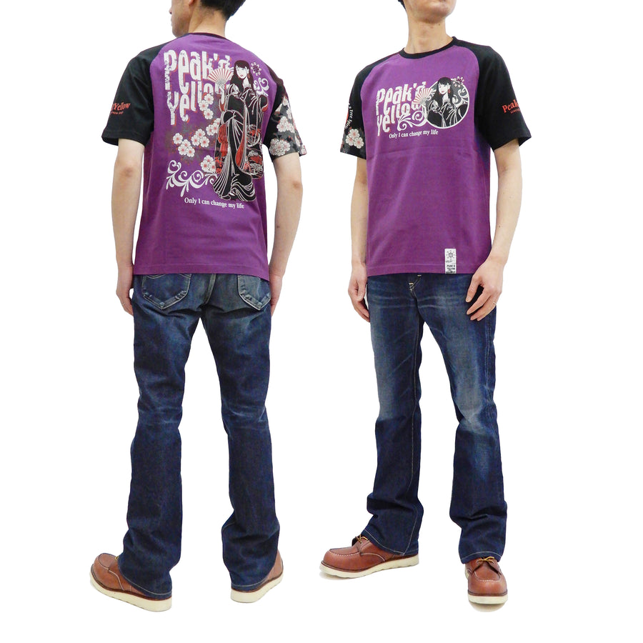 Peaked Yellow T-shirt Men's Japanese Kimono Women Short Sleeve Tee PYT-224 Purple/Black