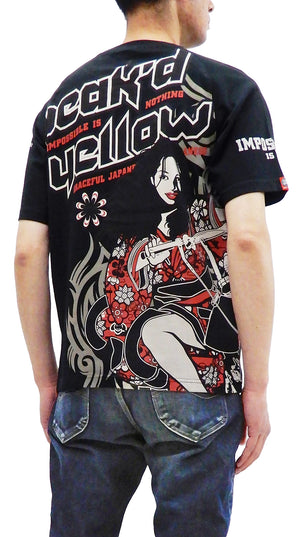 Peaked Yellow T-shirt Men's Japanese Kimono Women Short Sleeve Tee PYT-225 Black