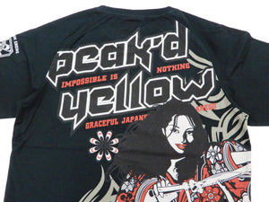 Peaked Yellow T-shirt Men's Japanese Kimono Women Short Sleeve Tee PYT-225 Black