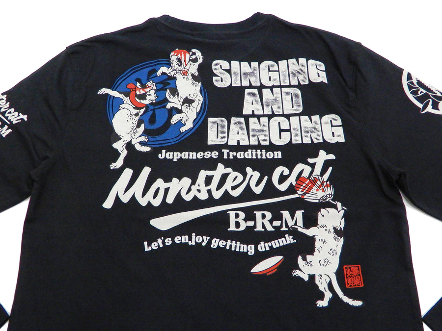 B-R-M T-Shirt Men's Ukiyo-e Cats Japanese Art Graphic Long Sleeve Tee Bakuretsu-Ranman-Musme RMLT-303 Black