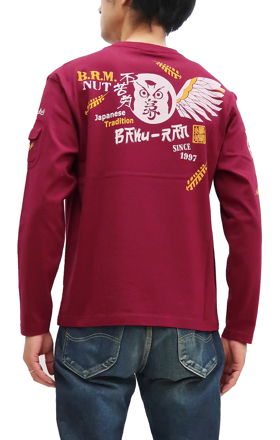 Bakuretsu-Ranman-Musme T-Shirt Men's Japanese Owl Art Graphic Long Sleeve Tee B-R-M RMLT-325 Wine-Red