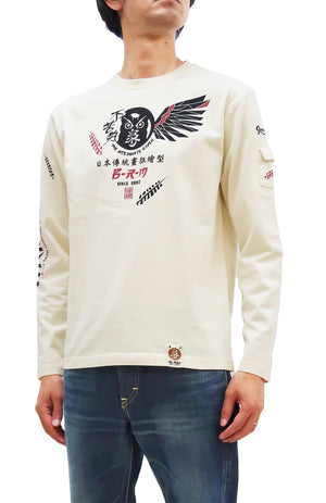 Bakuretsu-Ranman-Musme T-Shirt Men's Japanese Owl Art Graphic Long Sleeve Tee B-R-M RMLT-325 Off-White