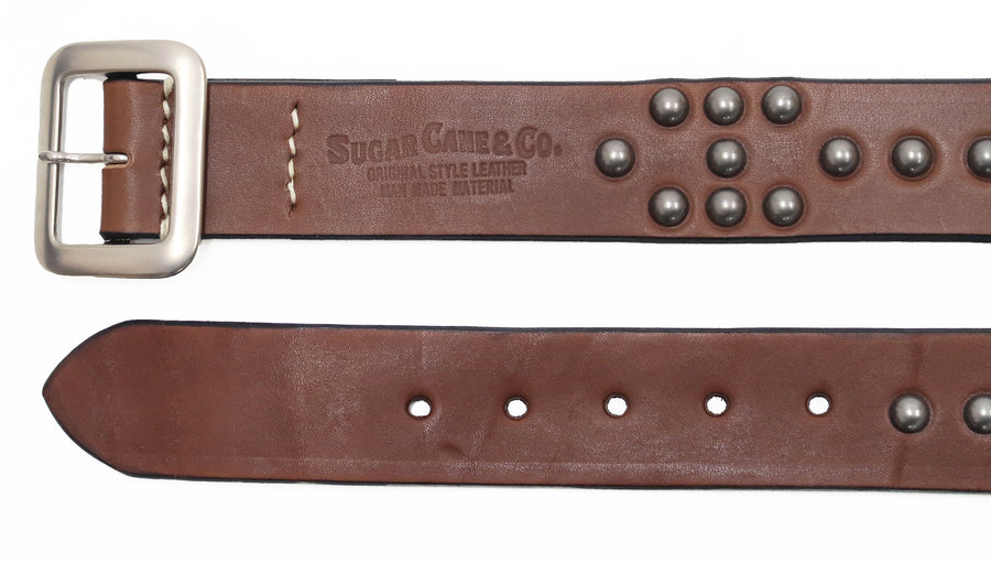 Sugar Cane Studded Belt Men's Ccasual 40mm Wide/4mm Thick Cowhide Leather Belt with Single Prong Square-Shaped Buckle SC02321 138 Brown