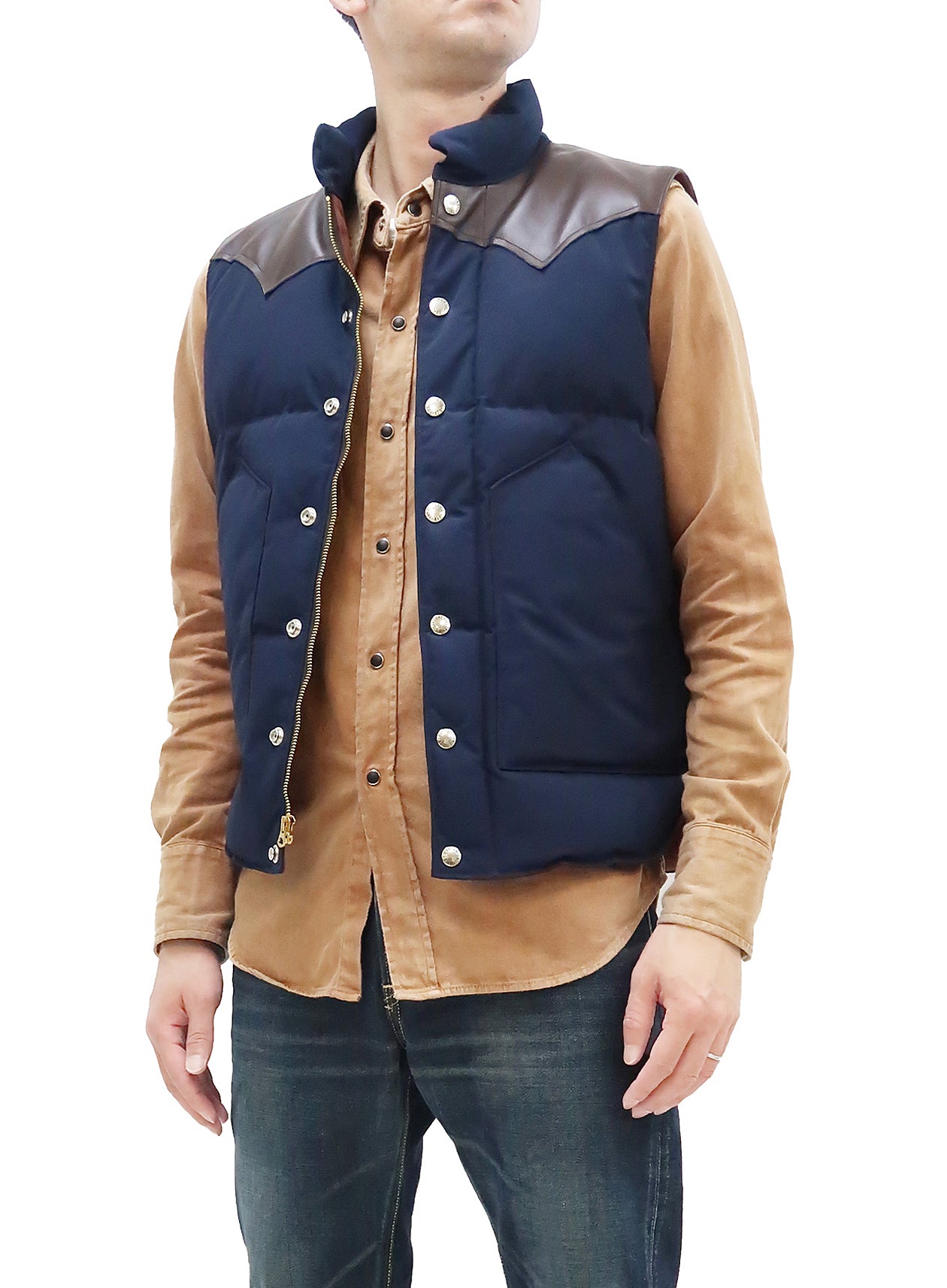 Sugar Cane Down Vest with Leather Yoke Panel Men's Winter