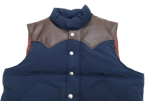 Sugar Cane Down Vest with Leather Yoke Panel Men's Winter Outerwear Vest SC15222 128 Navy-Blue/Brown