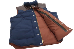 Sugar Cane Down Vest with Leather Yoke Panel Men's Winter Outerwear Vest SC15222 128 Navy-Blue/Brown