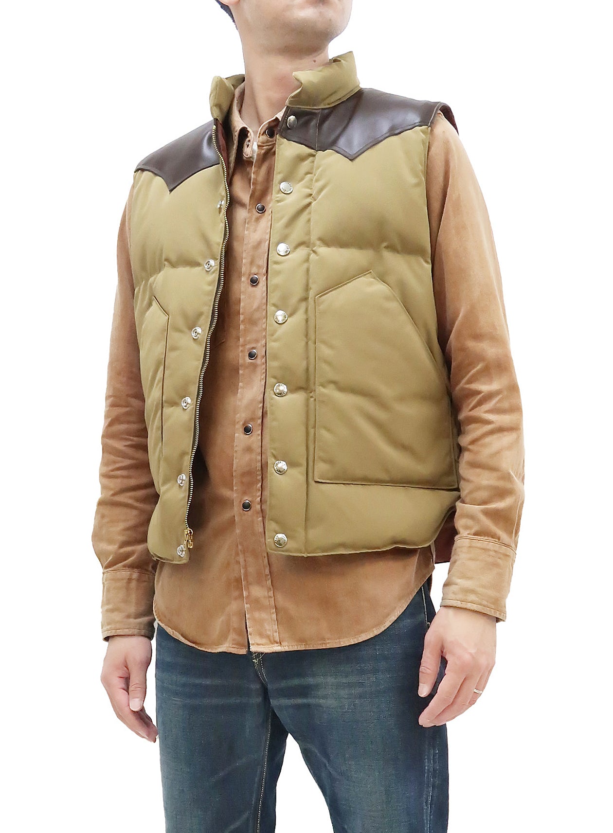 Sugar Cane Down Vest with Leather Yoke Panel Men's Winter Outerwear Vest  SC15222 133 Beige/Brown