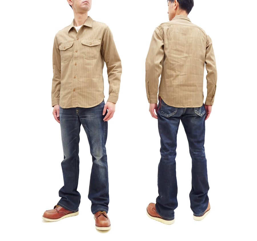 Sugar Cane Shirt Men's Vertical Striped Long Sleeve Button Up Shirt Coke Stripe Work Shirt SC28652 133 Beige