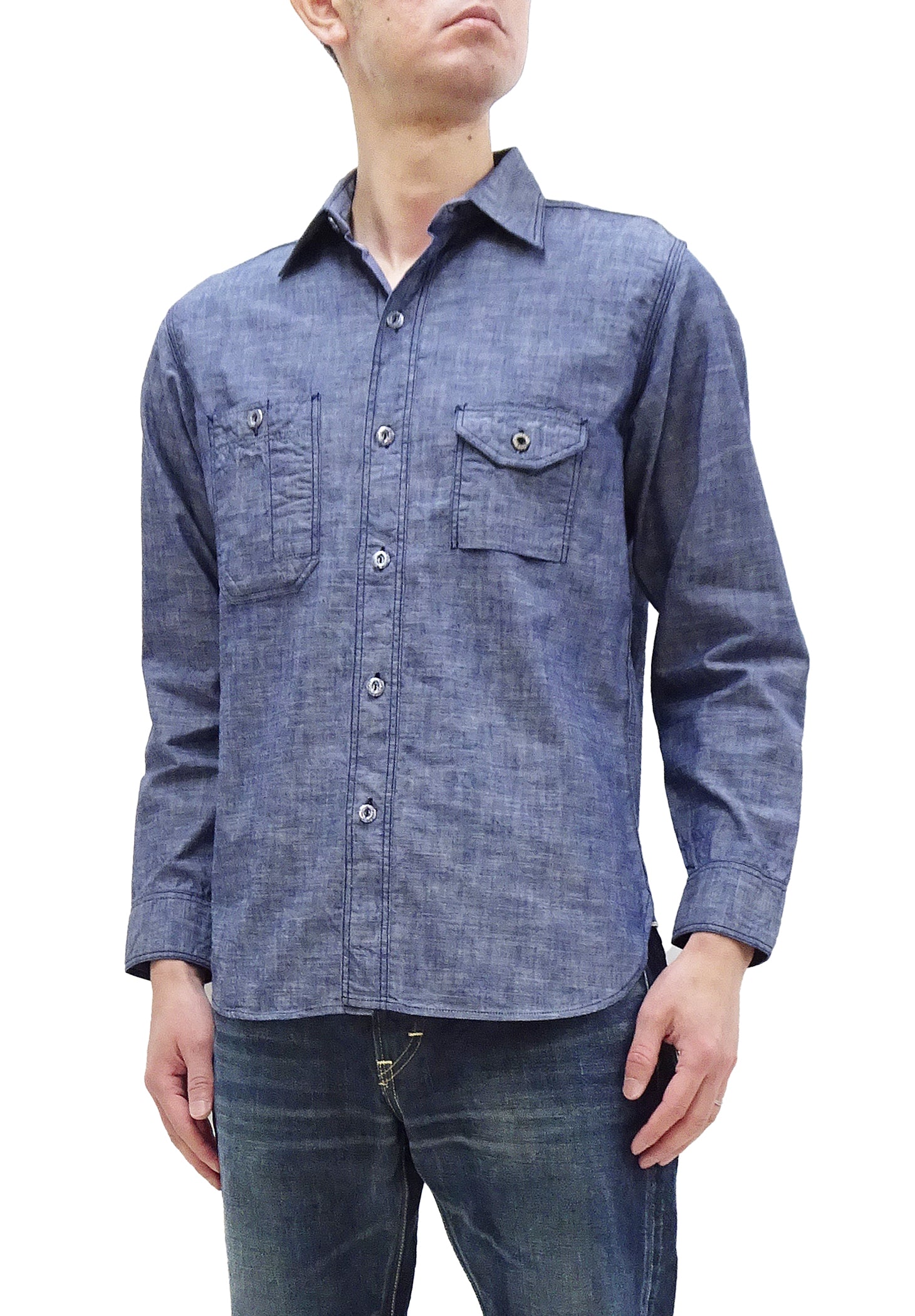 Sugar Cane Slub Chambray Shirt Men's Plain Long Sleeve Button 