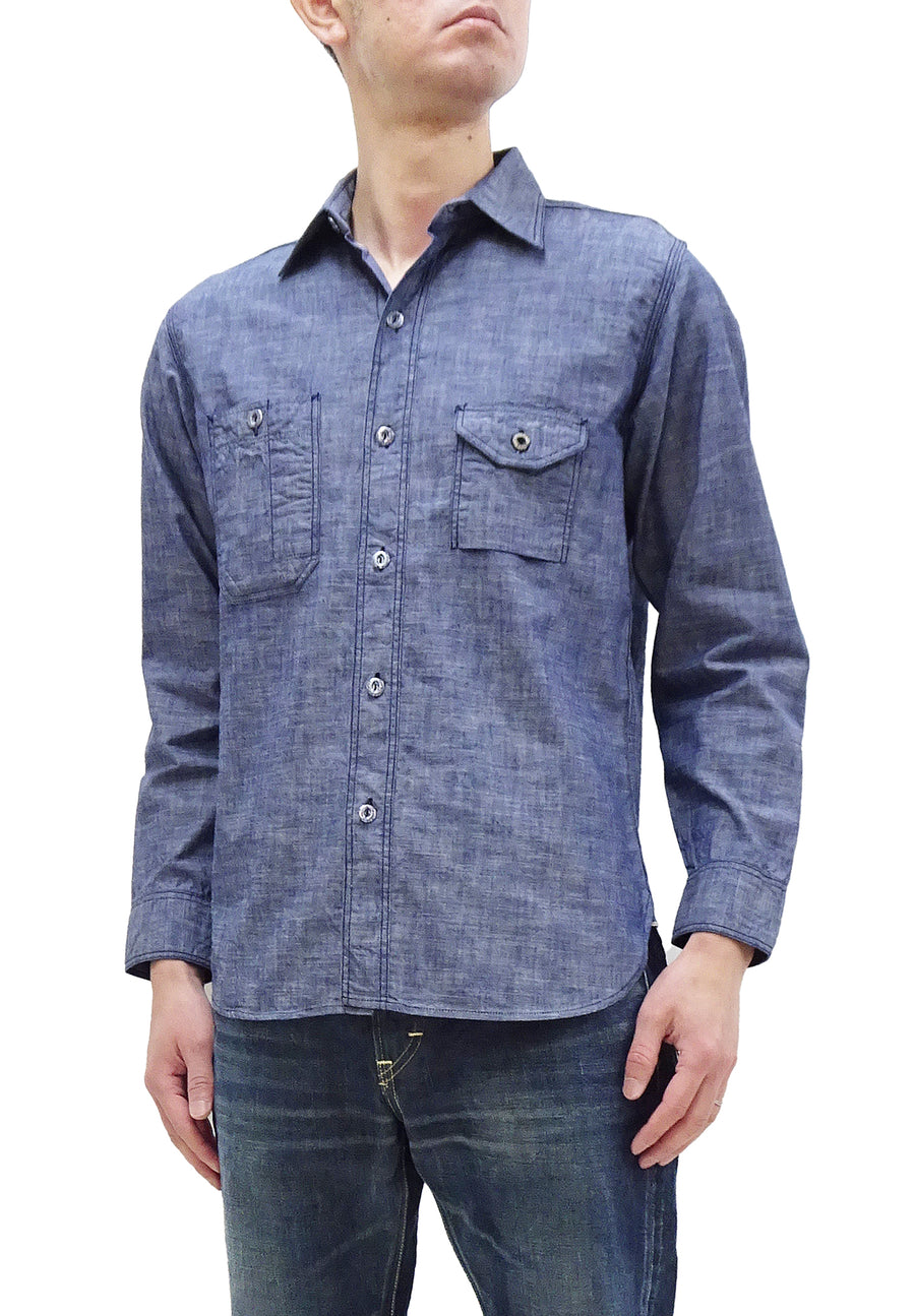 Sugar Cane Slub Chambray Shirt Men's Plain Long Sleeve Button Up Work Shirt SC28994 Chambray-Blue