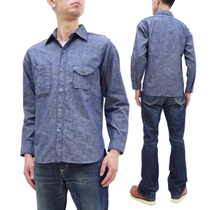 Sugar Cane Slub Chambray Shirt Men's Plain Long Sleeve Button Up Work Shirt SC28994 Chambray-Blue