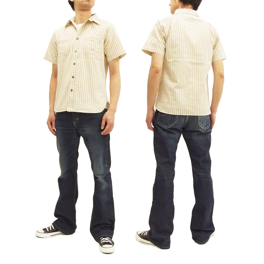 Sugar Cane Men's Ecru Colour Wabash Stripe Work Shirt Short Sleeve Button Up Shirt SC37275