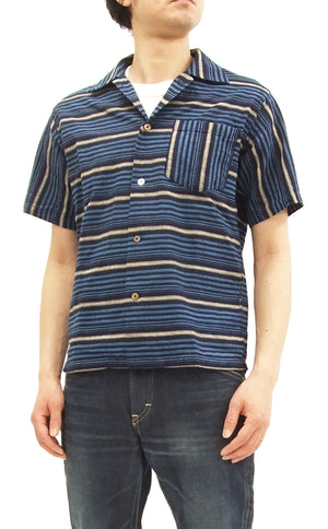 Sugar Cane Sport Shirt Men's 50s Style Horizontal Striped Short Sleeve Button Up Shirt  SC37937 Navy-blue