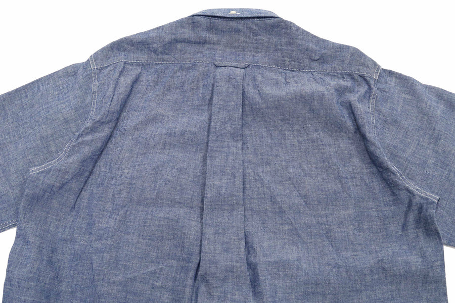 Sugar Cane Plain Chambray Shirt Men's Relaxed Fit Button-Down Collar Short Sleeve Casual Shirt SC38903 421 Blue One-Wash