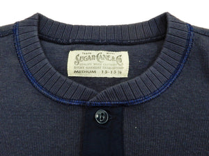 Sugar Cane Men's Plain Long Sleeve Henley T-Shirt Rib Knit Pocket Tee SC68351 Faded-Navy-Blue