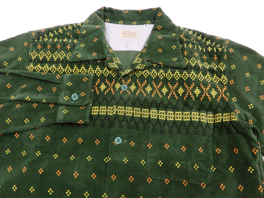 Style Eyes Corduroy Sport Shirt Men's Long Sleeve 1950s Style Geometric Pattern SE28746 Green