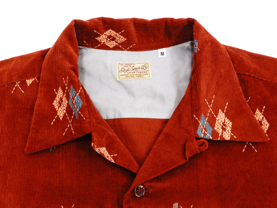 Style Eyes Corduroy Sport Shirt Men's Long Sleeve 1950s Style Argyle Pattern SE28749 Brown