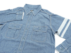 Momotaro Jeans Chambray Shirt Men's Slimmer fit Long Sleeve Work Shirt with GTB Stripe SJ091 Faded-blue-indigo