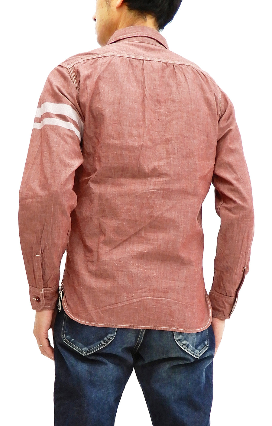 Momotaro Jeans Chambray Shirt Men's Slimmer fit Long Sleeve Work Shirt with GTB Stripe SJ091 Faded-Red