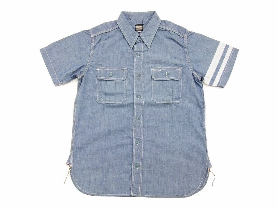 Momotaro Jeans Men's Chambray Shirt Short Sleeve Work Shirt with GTB Stripe SJ092 Faded-Blue