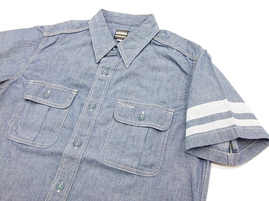 Momotaro Jeans Men's Chambray Shirt Short Sleeve Work Shirt with GTB Stripe SJ092 Faded-Blue
