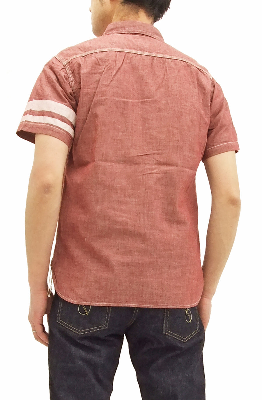 Momotaro Jeans Men's Chambray Shirt Short Sleeve Work Shirt with GTB Stripe SJ092 Red