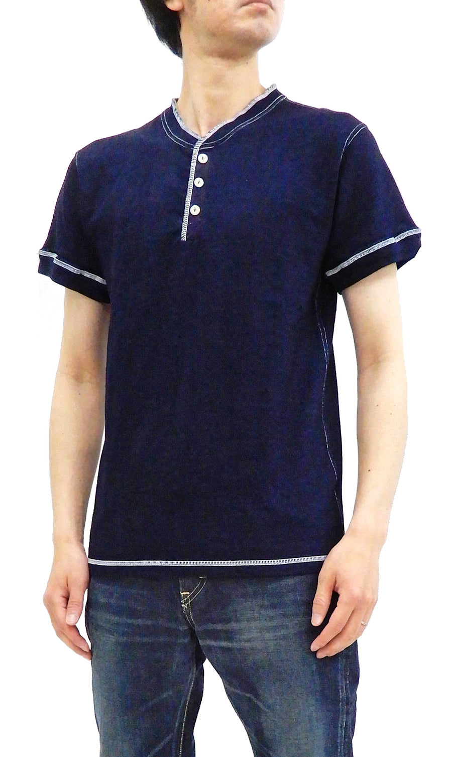 Samurai Jeans Indigo Henley T-Shirt Men's Heavy Short Sleeve Plain Tee SJIT-101M