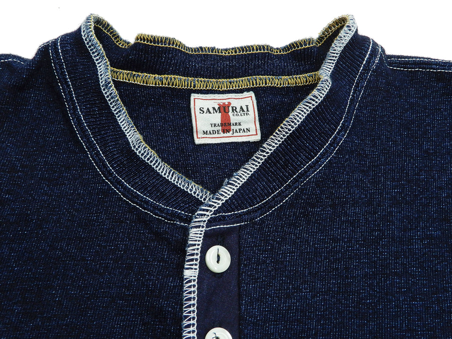 Samurai Jeans Indigo Henley T-Shirt Men's Heavy Short Sleeve Plain Tee SJIT-101M