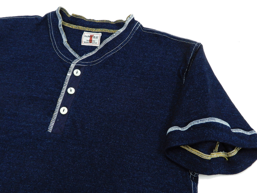 Samurai Jeans Indigo Henley T-Shirt Men's Heavy Short Sleeve Plain Tee SJIT-101M