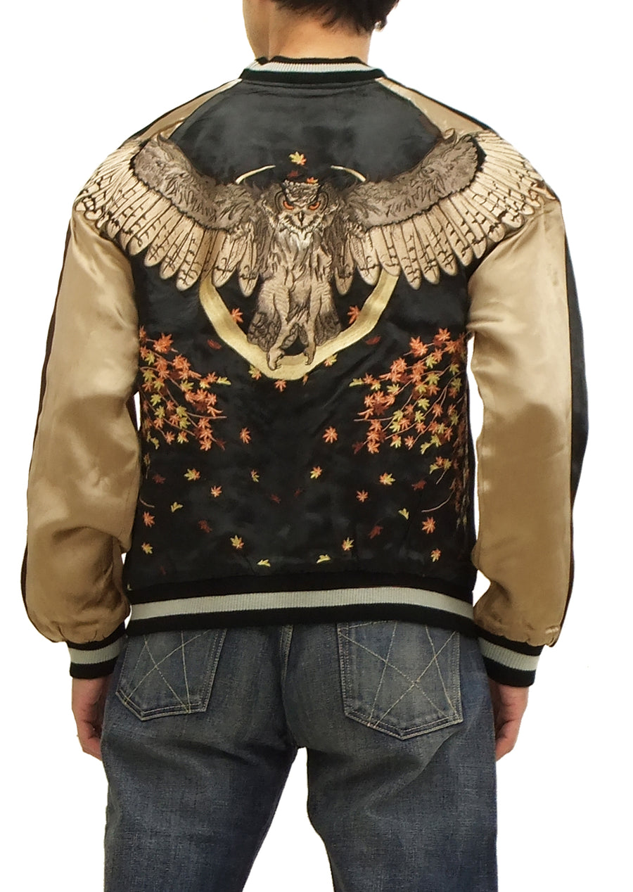 Hanatabi Gakudan Men's Japanese Souvenir Jacket Owl and Autumn Leaves Sukajan Script SKJ-179