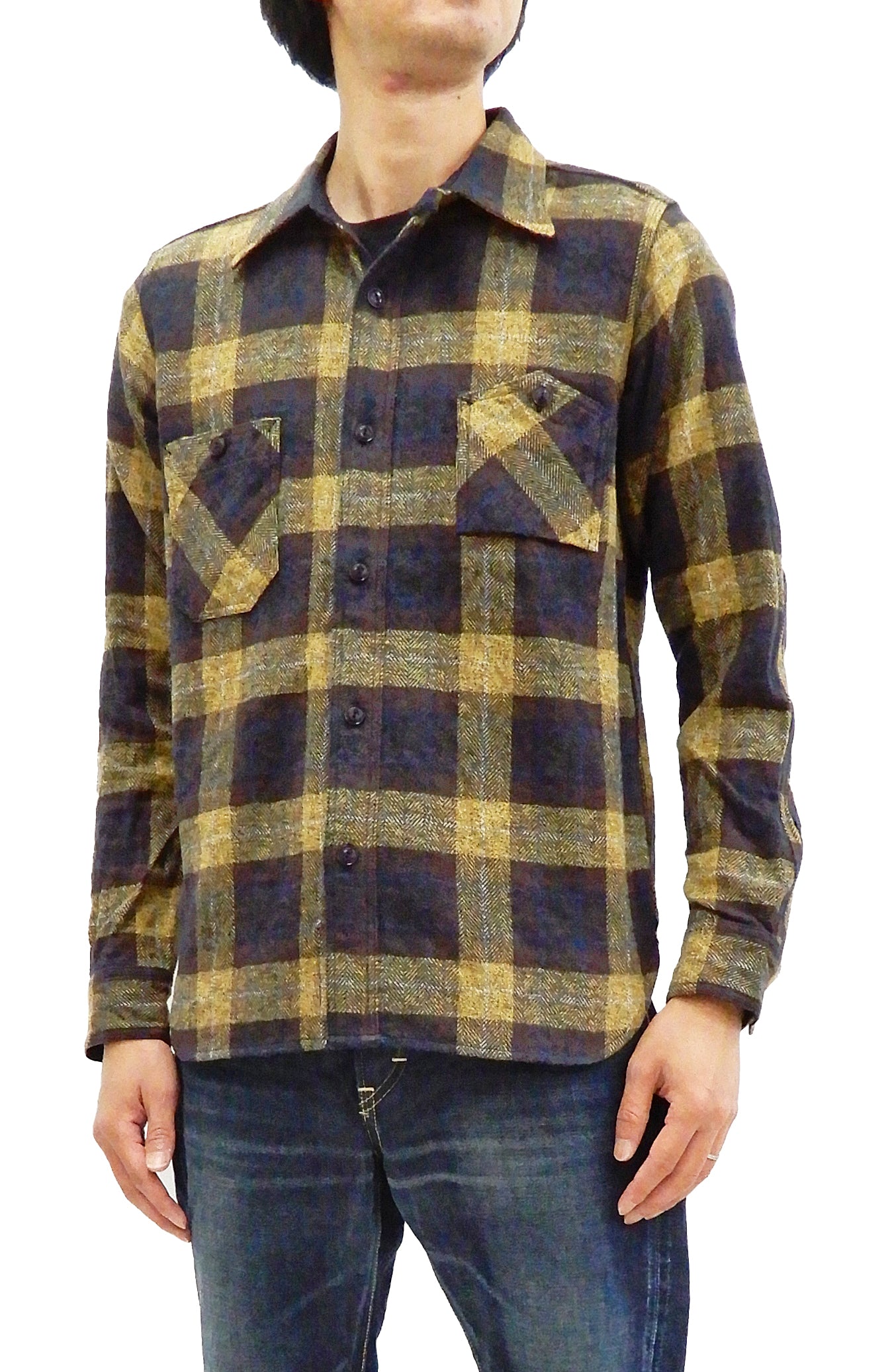 Samurai Jeans Plaid Flannel Shirt Men's Checked Long Sleeve Work Shirt  SNL20-01 Yellow