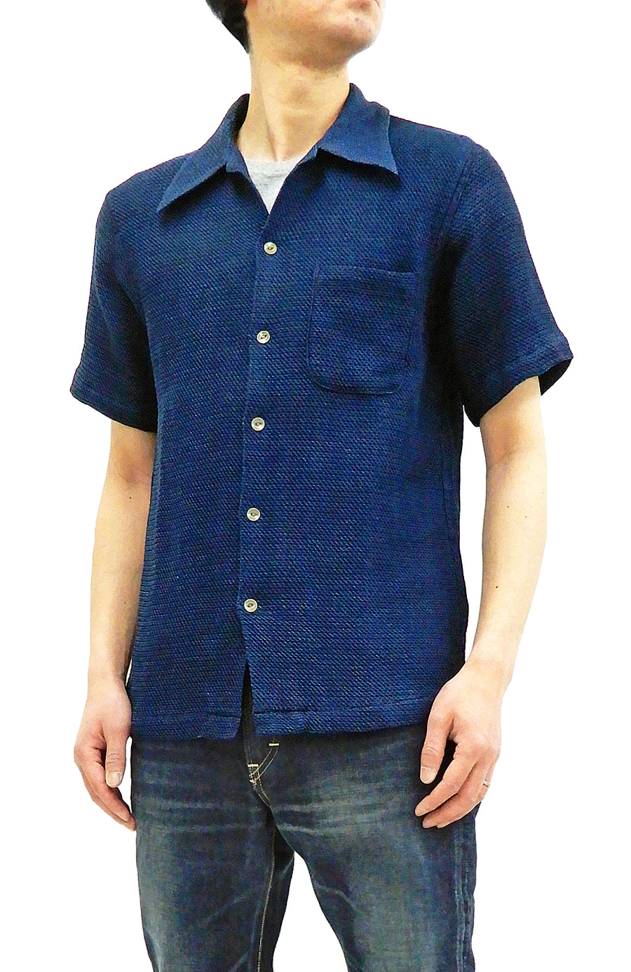 Samurai Jeans Men's Slim Fit PLain Indigo Dobby Short Sleeve Shirt SOS19-S01 Light-Indigo