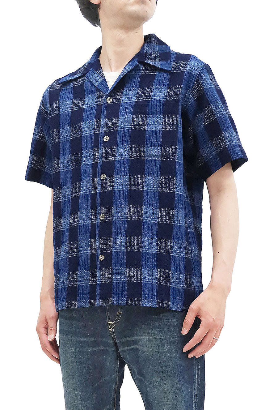 Samurai Jeans Shirt Men's Short Sleeve Japanese Kasuri Indigo Plaid Resort Collar Shirt SOS22-S02