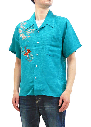 Hanatabi Gakudan Men's S/S Jacquard Shirt with Japanese Art Embroidery SS-002 Blue-green