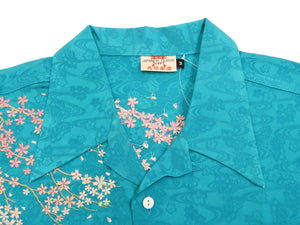 Hanatabi Gakudan Men's S/S Jacquard Shirt with Japanese Art Embroidery SS-002 Blue-green
