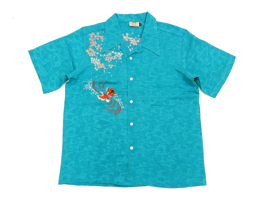 Hanatabi Gakudan Men's S/S Jacquard Shirt with Japanese Art Embroidery SS-002 Blue-green