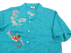 Hanatabi Gakudan Men's S/S Jacquard Shirt with Japanese Art Embroidery SS-002 Blue-green
