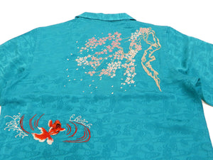 Hanatabi Gakudan Men's S/S Jacquard Shirt with Japanese Art Embroidery SS-002 Blue-green