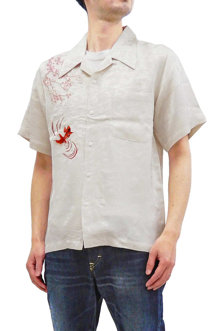 Hanatabi Gakudan Men's S/S Jacquard Shirt with Japanese Art Embroidery SS-002 Off-white