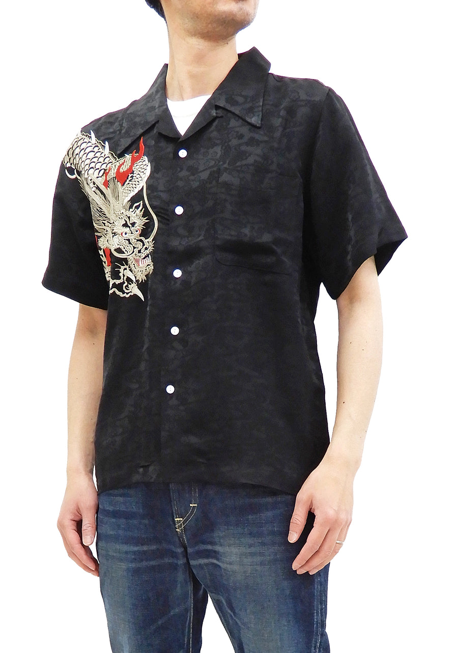 Hanatabi Gakudan Men's S/S Jacquard Shirt with Japanese Art Embroidery SS-003 Black