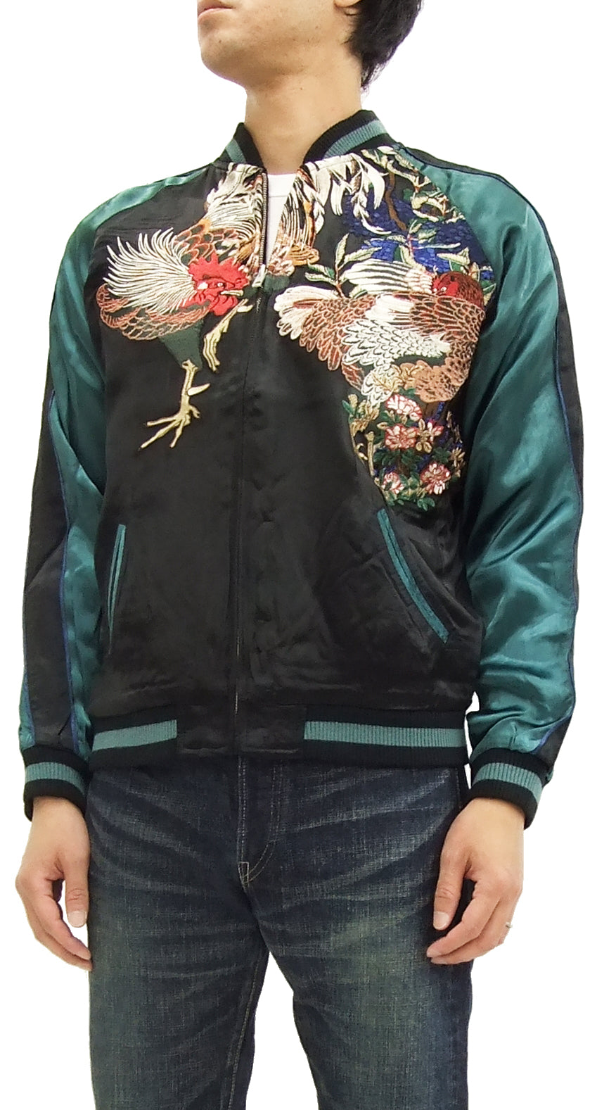 Hanatabi Gakudan Men's Japanese Souvenir Jacket Rooster and Hen Japanese Art Sukajan Script SSJ-018