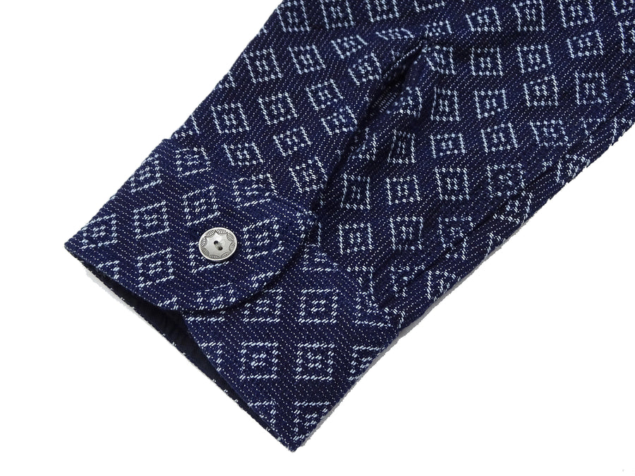 Samurai Jeans Indigo Sashiko Shirt Men's Diamond Stitch Sashiko Long Sleeve Button Up Work Shirt SSS23-SSK