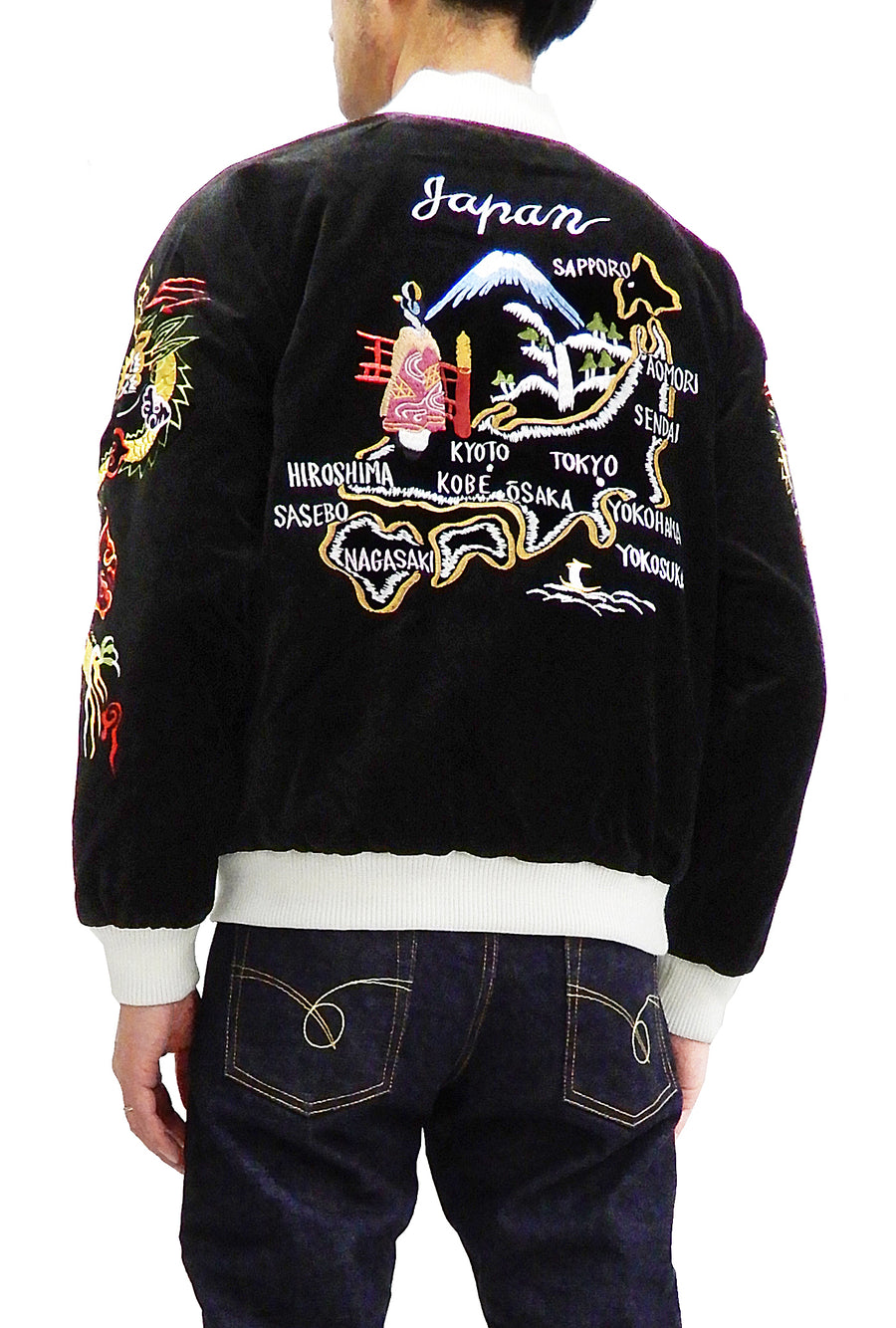 Hanatabi Gakudan Men's Velvet Japanese Souvenir Jacket Japan Map Sukajan Script SVJ-001