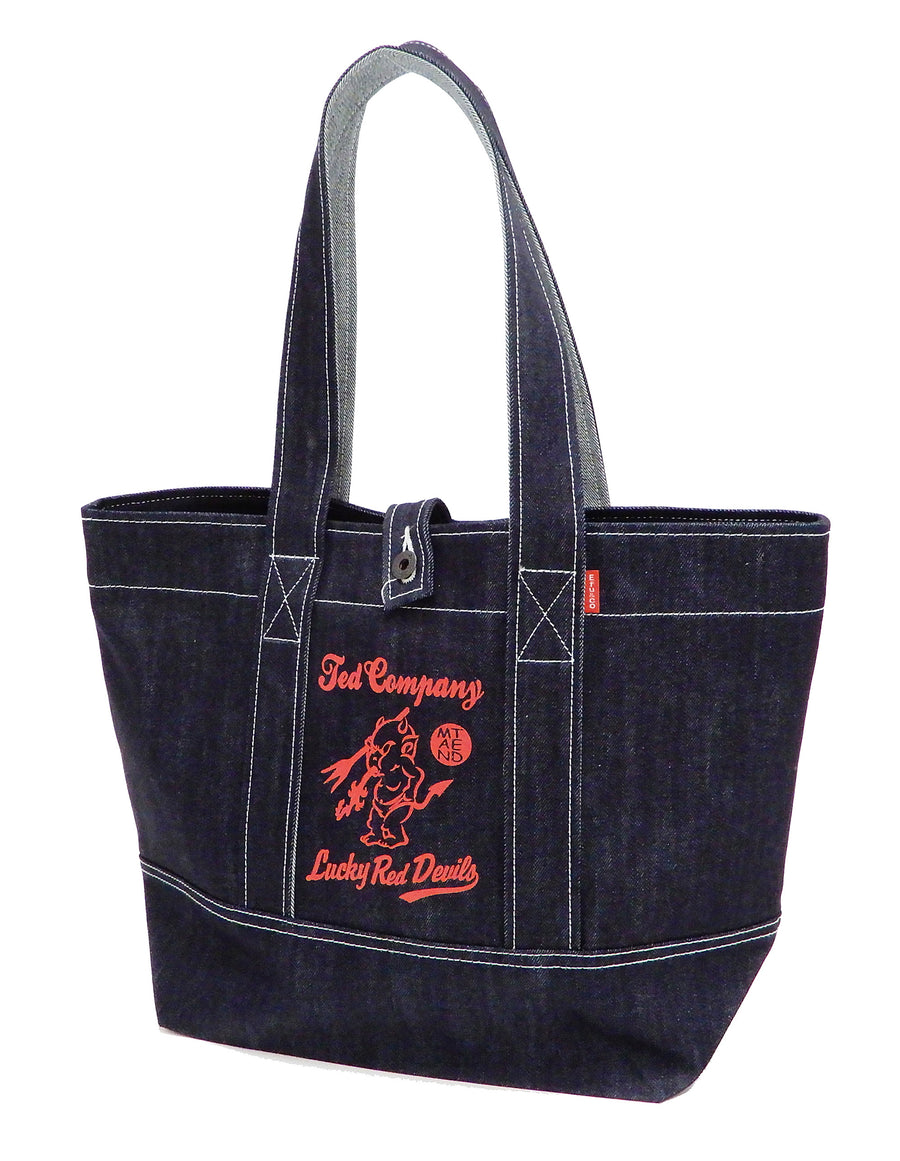 Tedman Denim Tote Bag Men's Casual Lucky Devil Graphic Jean Handbag TDBG-1100 Indigo x Red