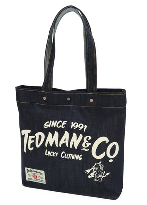 Tedman Denim Tote Bag Men's Casual Lucky Devil Graphic Jean Handbag TDBG-1300 Indigo Denim/White Printing
