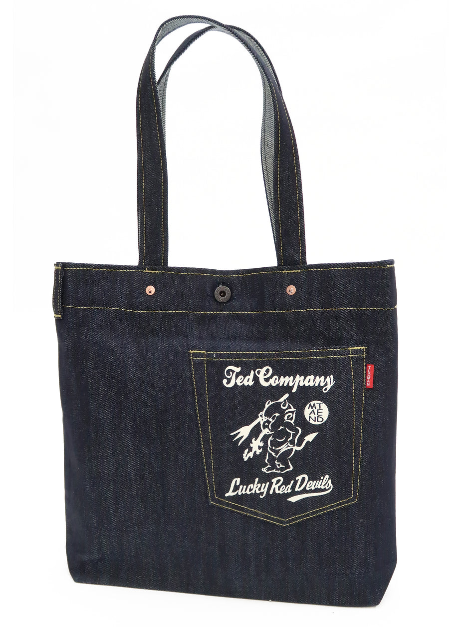 Tedman Denim Tote Bag Men's Casual Lucky Devil Graphic Jean Handbag TDBG-1300 Indigo Denim/White Printing