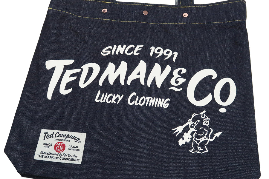 Tedman Denim Tote Bag Men's Casual Lucky Devil Graphic Jean Handbag TDBG-1300 Indigo Denim/White Printing