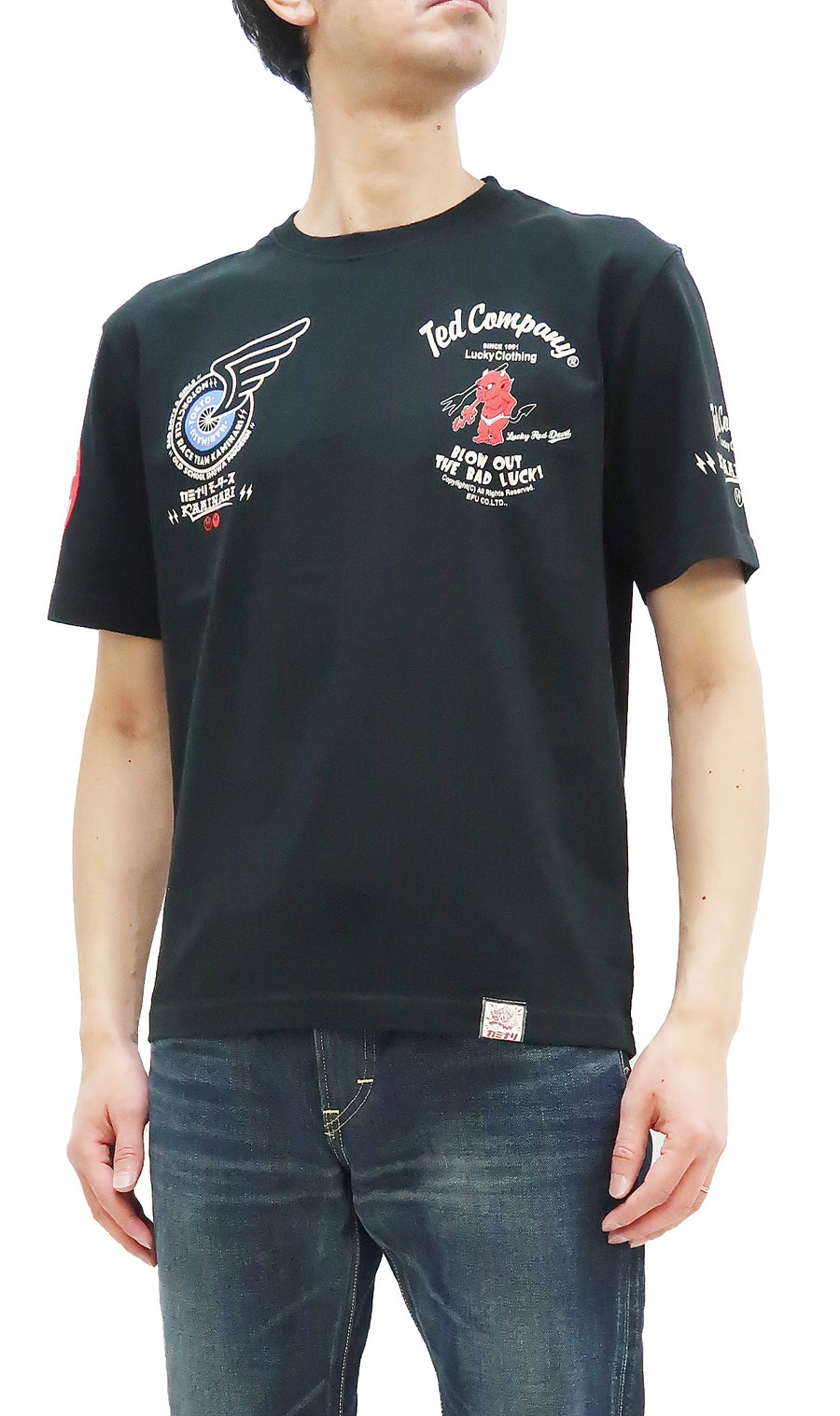 Tedman T-shirt Men's Kaminari x Lucky Devil Motorcycle Graphic Short Sleeve Tee TDKMT-17 Black